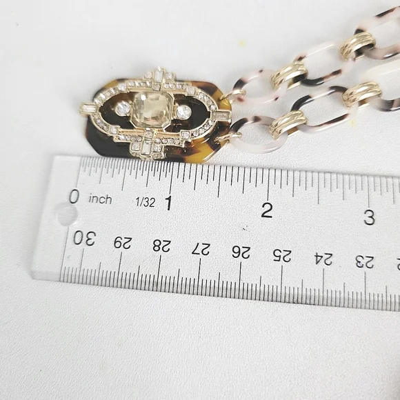 Beautiful Tortoiseshell and Rhinestone Gold Tone Long Necklace - Picture 6 of 6